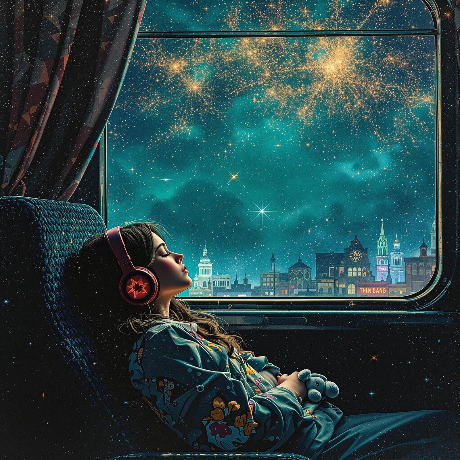 Girl in Tranquil Dreamlike Scene with Star Map Outside, in a...