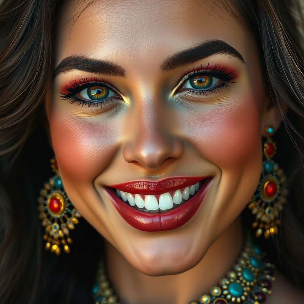 Hyperrealistic Woman with Vibrant Jewelry and Bright Eyes