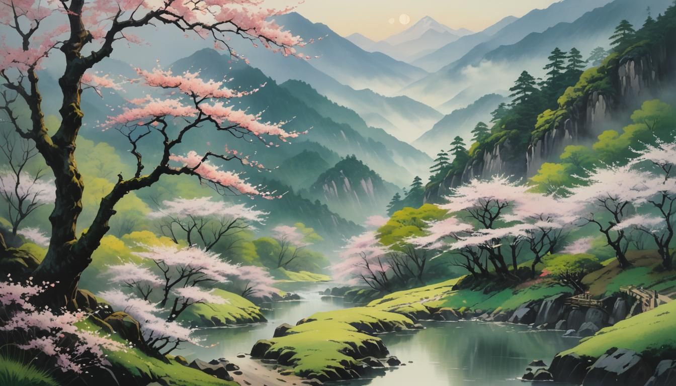 Dreamlike Anime Landscape with Cherry Blossoms