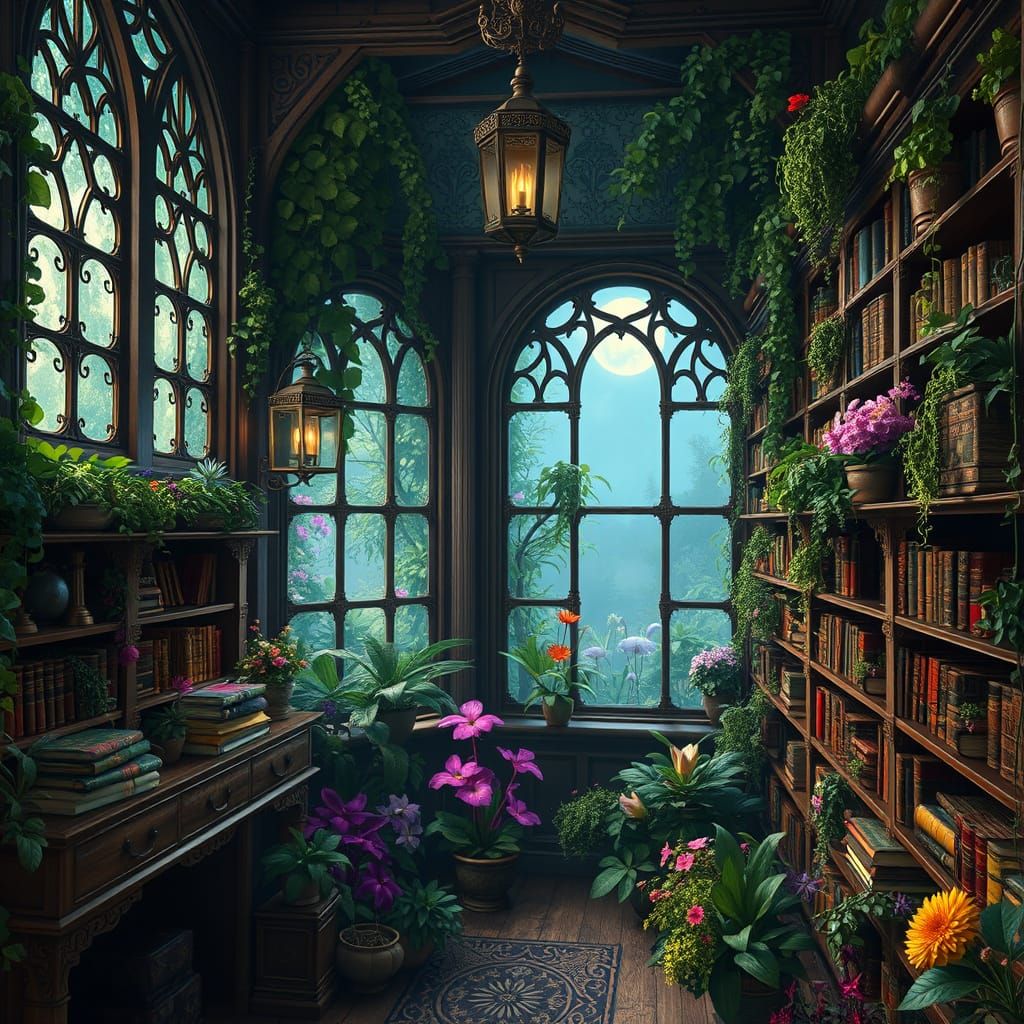 Mystical Botanical Library Under Moonlit Garden