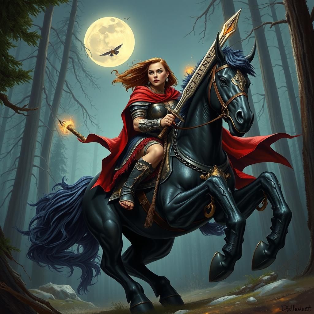 Dwarf Woman on Six-Legged Horse in Mystical Forest