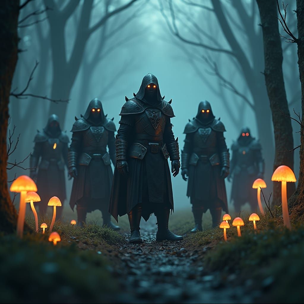Menacing Armored Enemies in Dark Fantasy Clearing