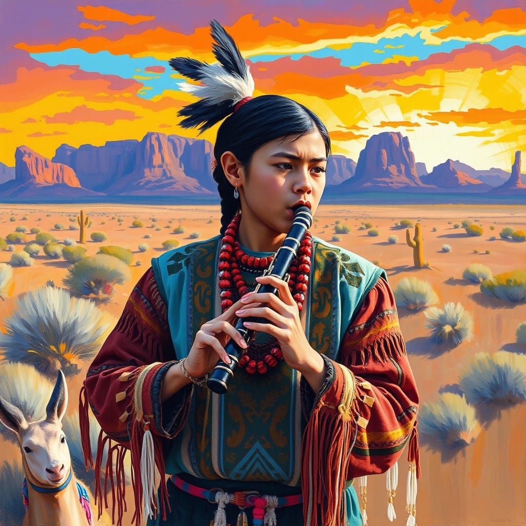Navajo Youth Plays Clarinet Amidst Vibrant Desert Landscape ...