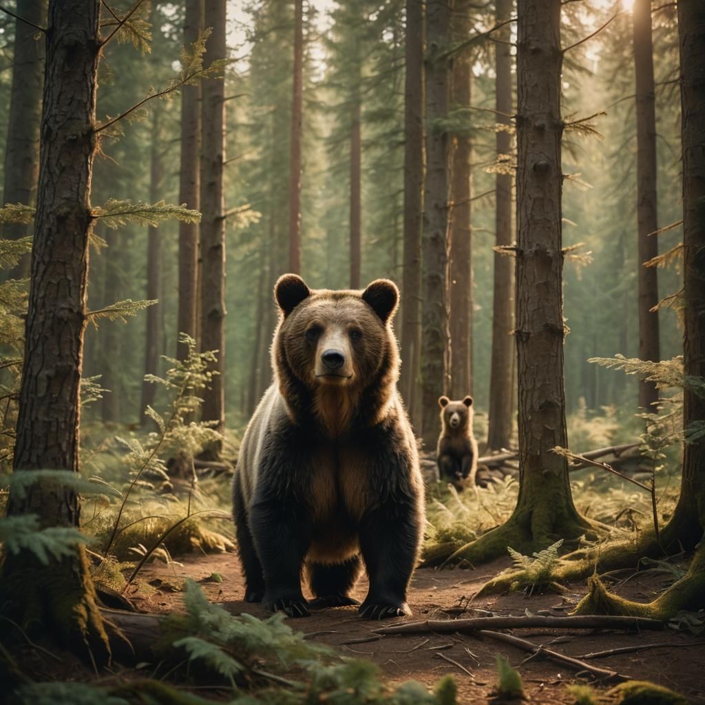 Bear Cub and Mother in Forest: Cinematic Still