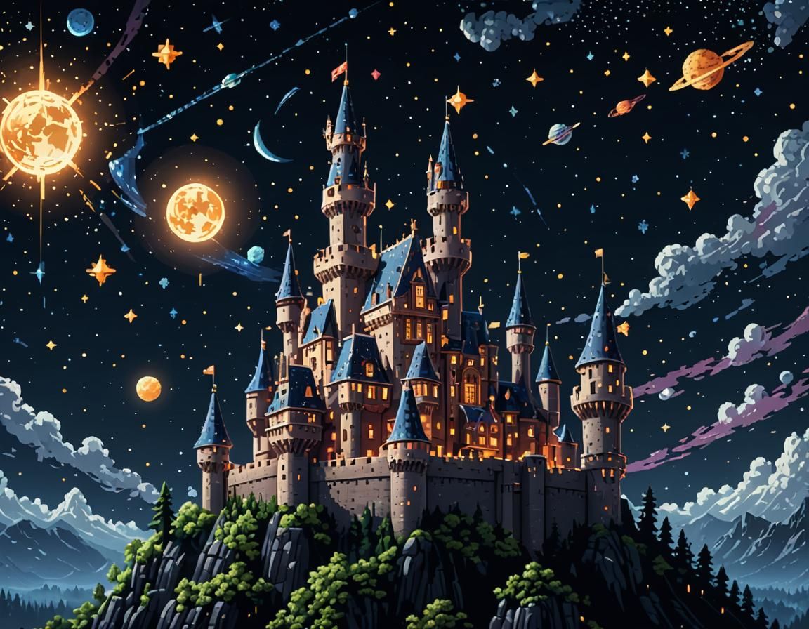 Pixel Art Castle Floating in Space