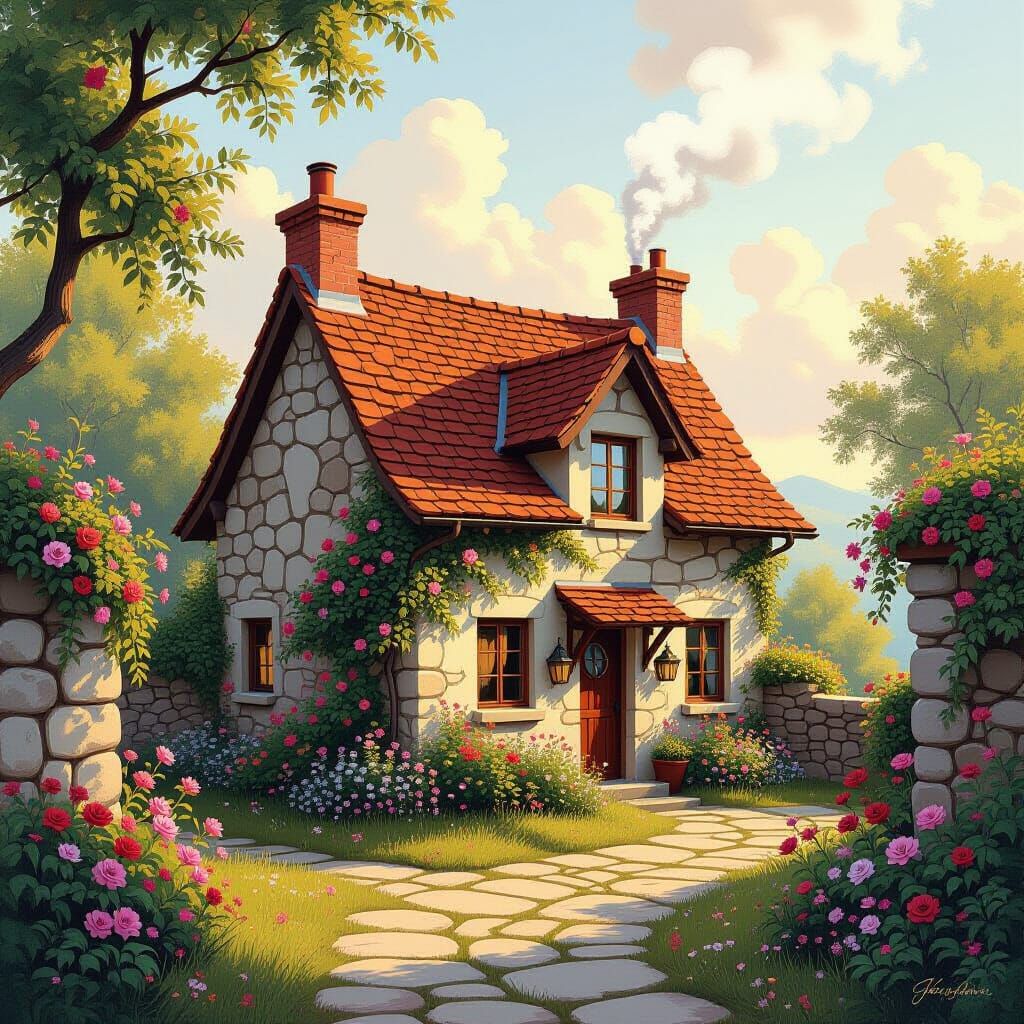 Cozy Cottage in Golden Light, Oil Painting Style