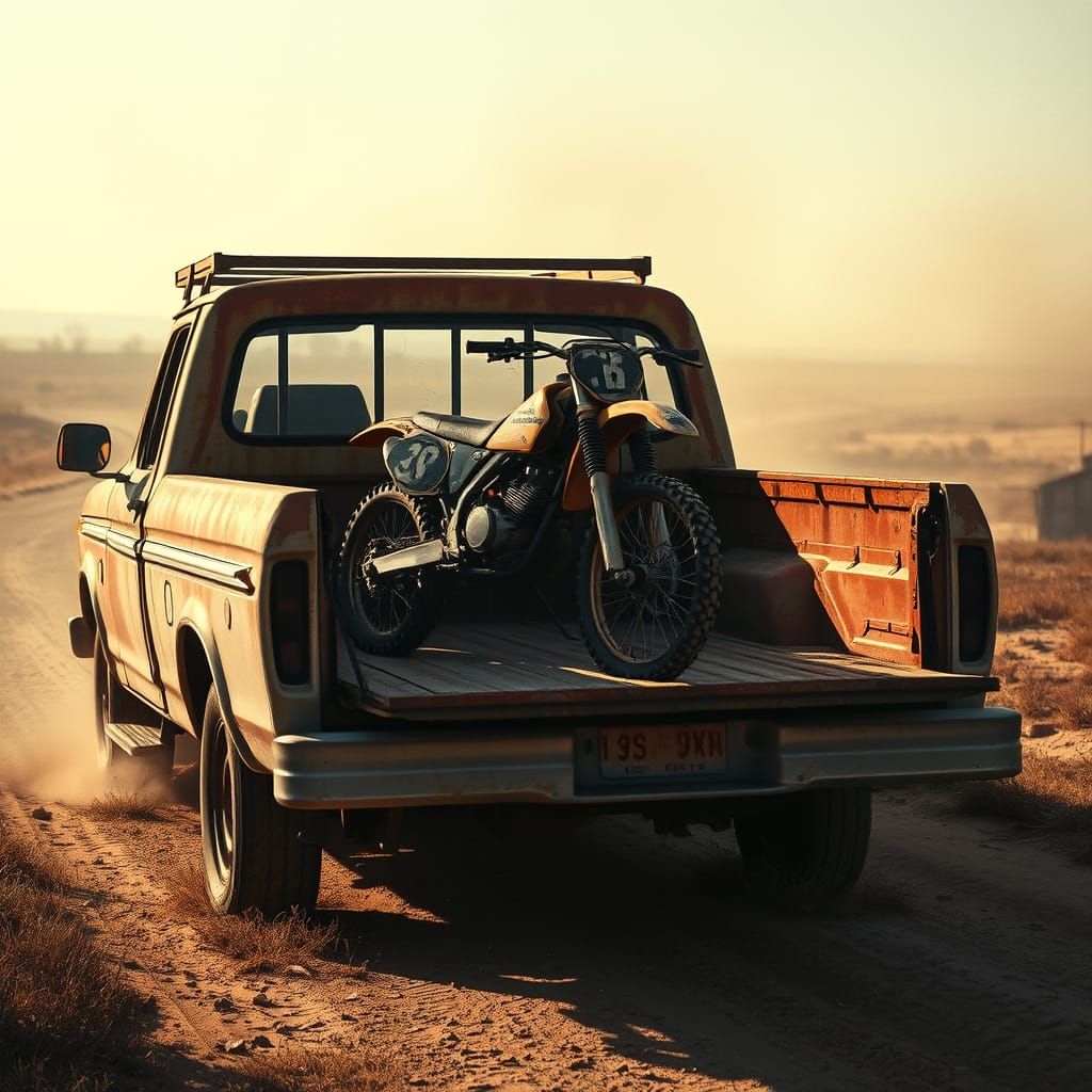 Worn F150 with Dirt Bike in Gritty Realism Style