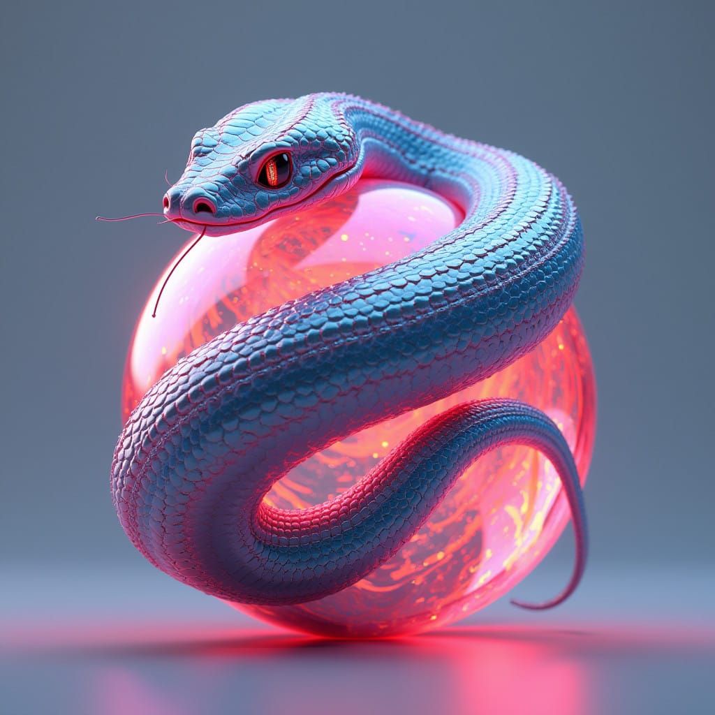 Futuristic 3D Cartoon Snake with Swirling Marble Ball