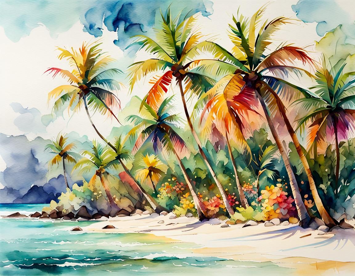 Caribbean Beach Palm Trees in Watercolor Style