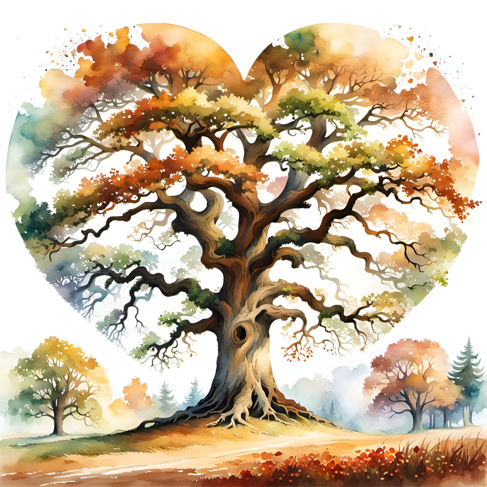 Majestic Oak Tree with Heart in Digital Watercolor