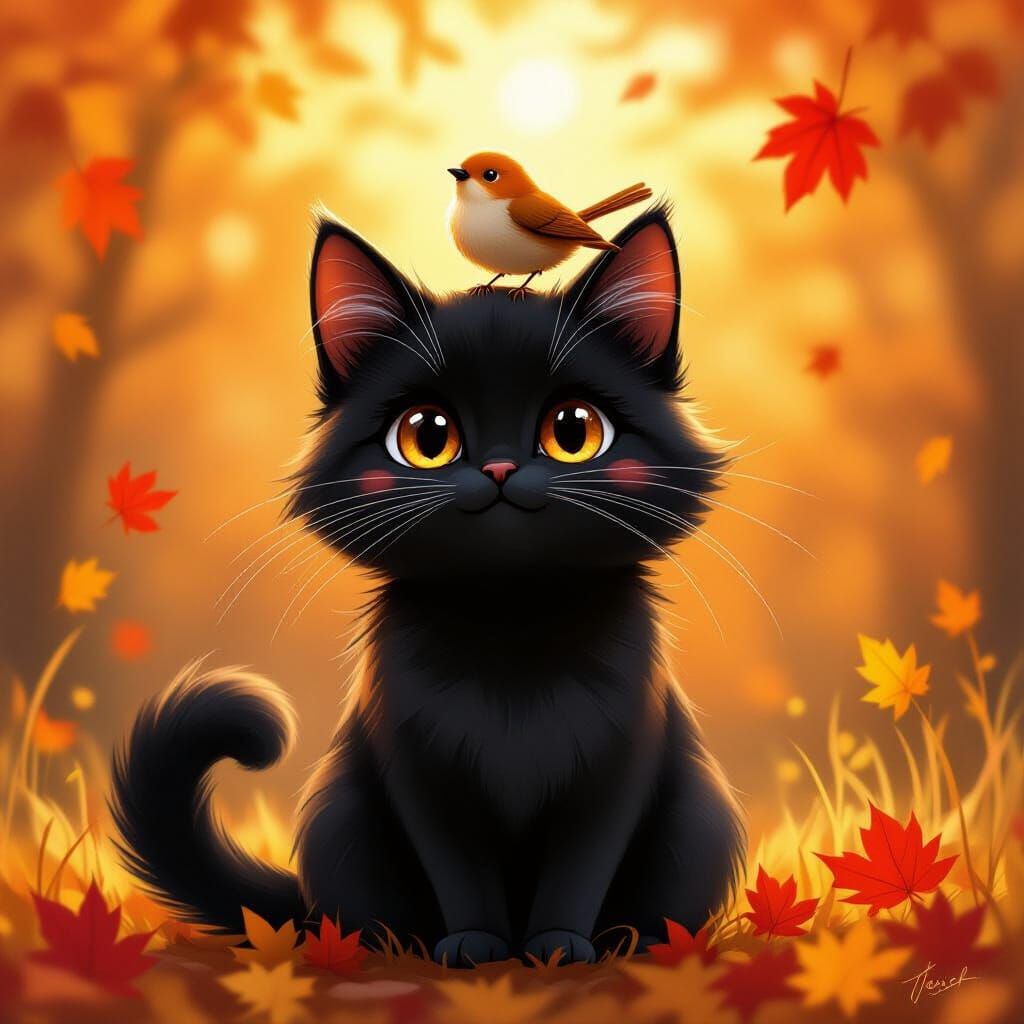 Black Cat and Ginger Friend with Bird in Autumn
