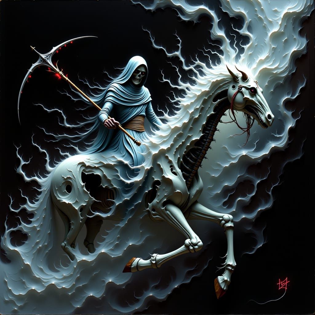 Neon Grim Reaper Rides Skeletal Horse in Ethereal Style