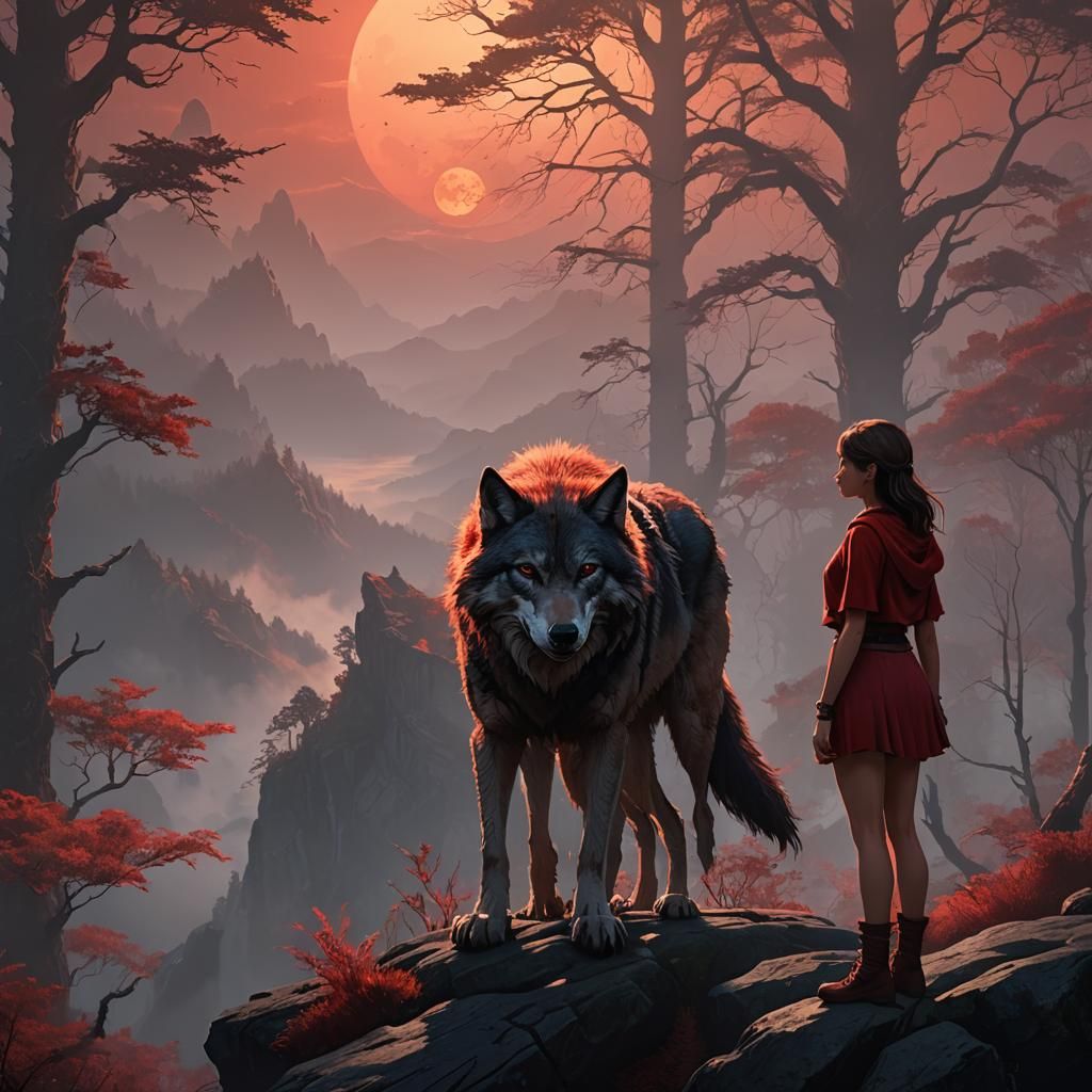 Teenage Werewolf Girl on Misty Forest Cliff