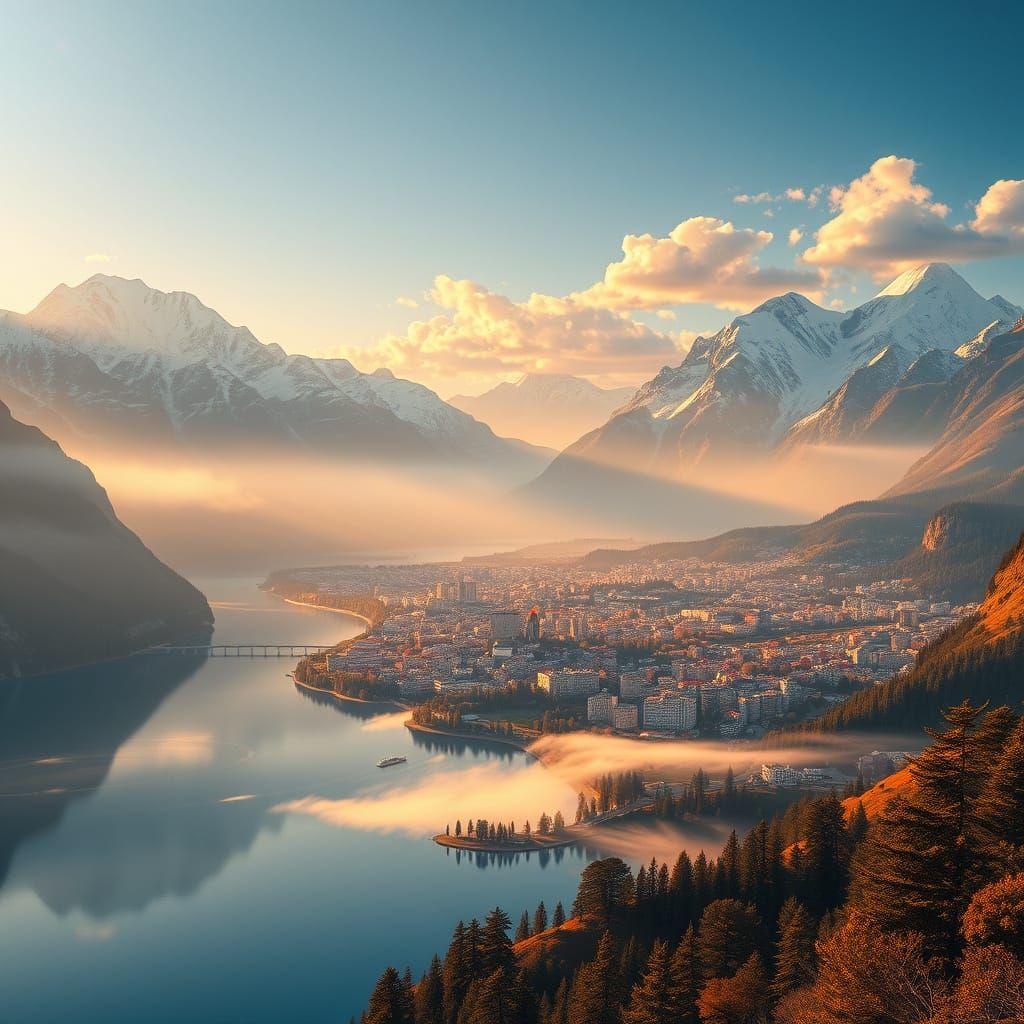 Golden Hour Landscape: Mountains, Lake, and City