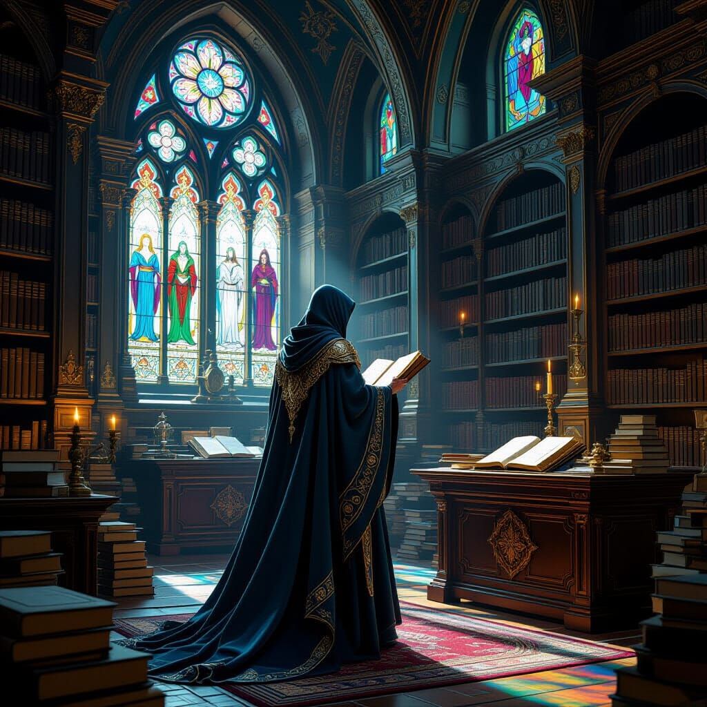 Elven Sorcerer in a Mystical Library