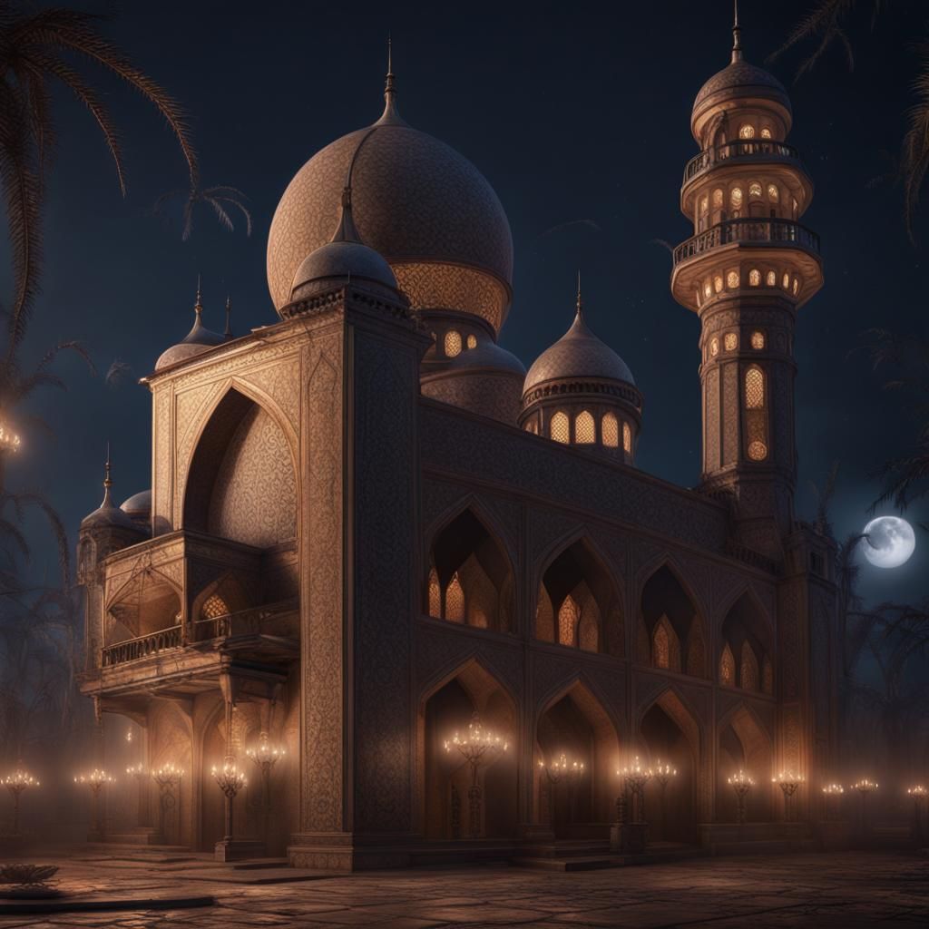 Mosque Covered in Spiderwebs at Night