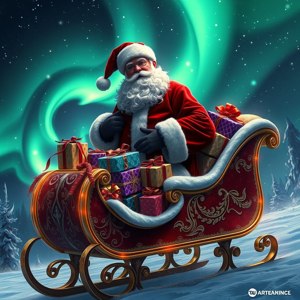Santa in Sleigh Under Northern Lights in Cyberpunk Fantasy S...