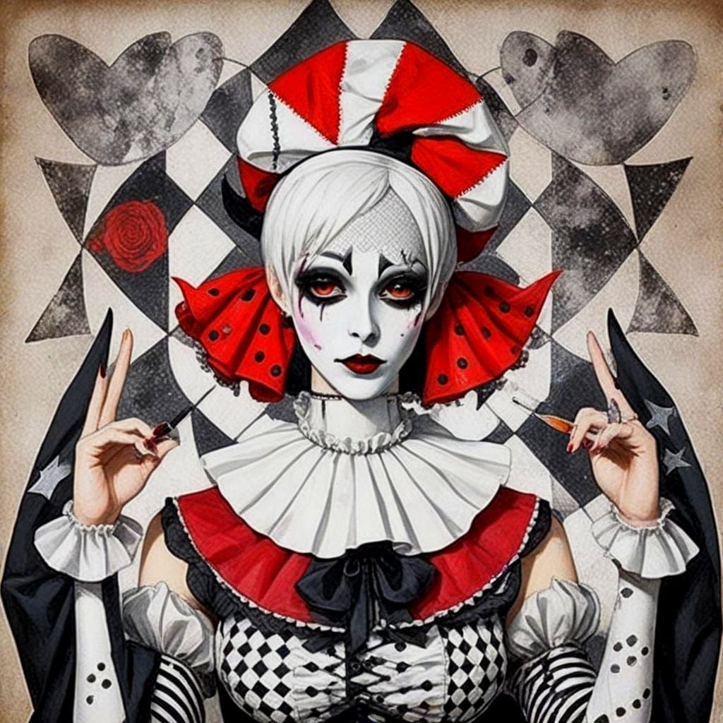 Gothic Harlequin Pierrot Portrait in Dark Emo Style
