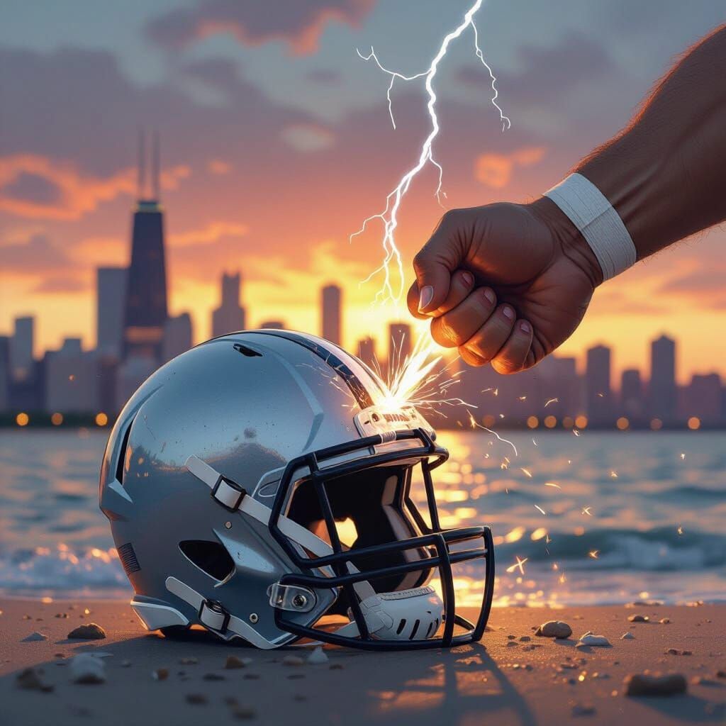 Cracked Football Helmet Overlooking Chicago Sunset