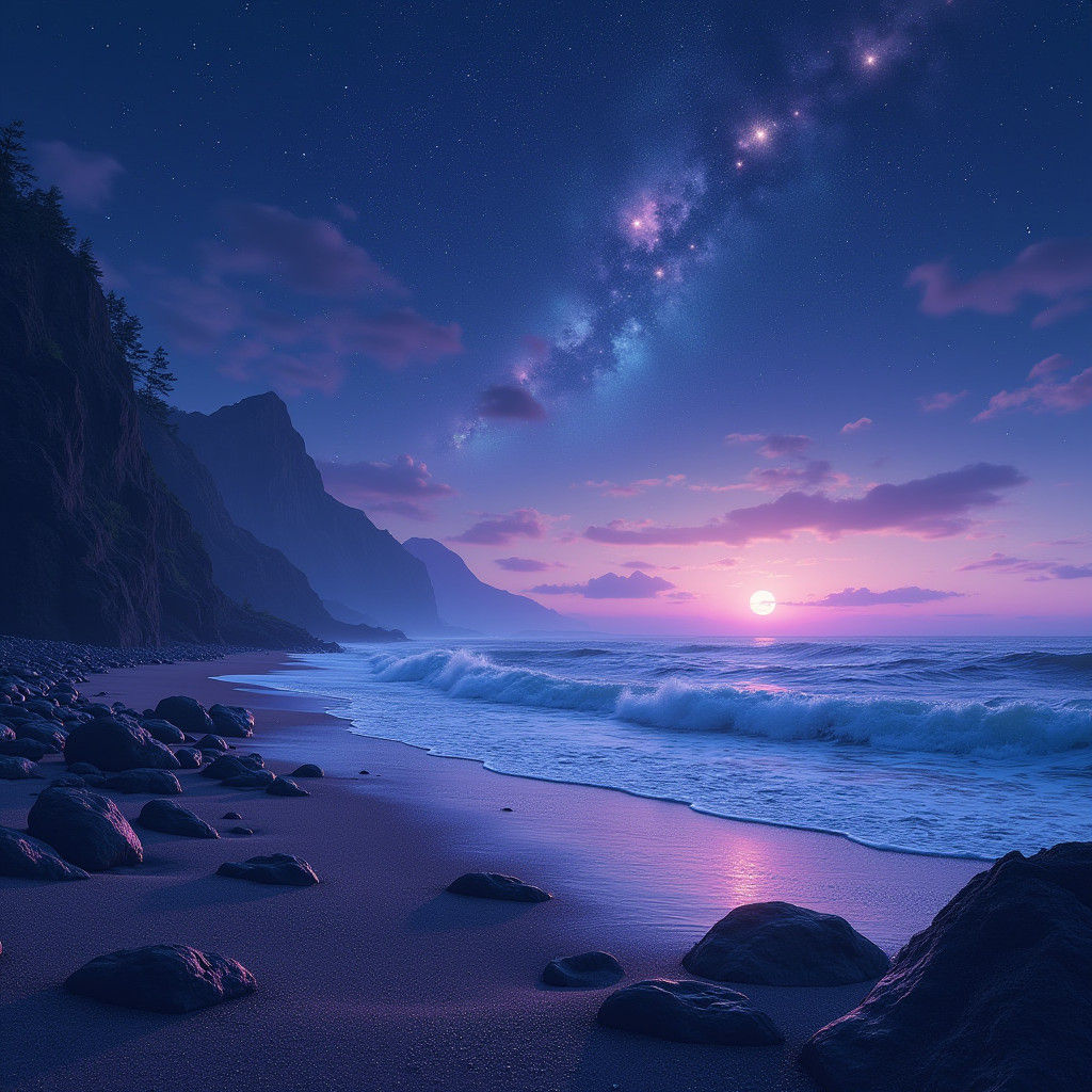 Mystical Starry Beach Scene in Fantasy Style