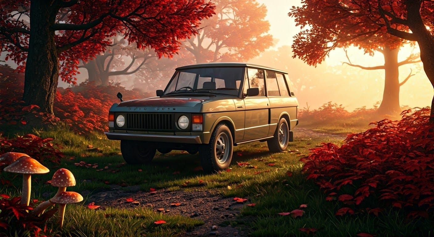 Land Rover in Autumnal Mystical Forest Landscape