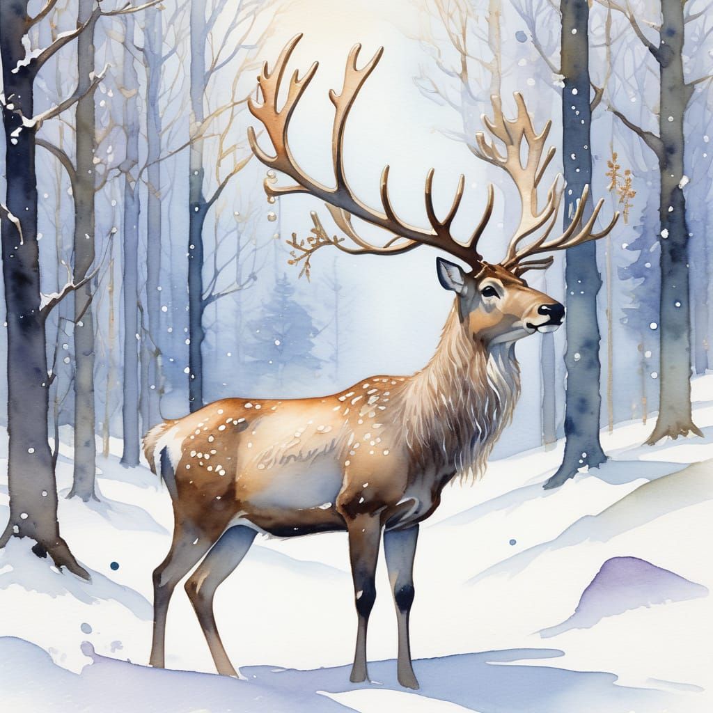 Art Nouveau Reindeer in Snowy Forest Watercolor