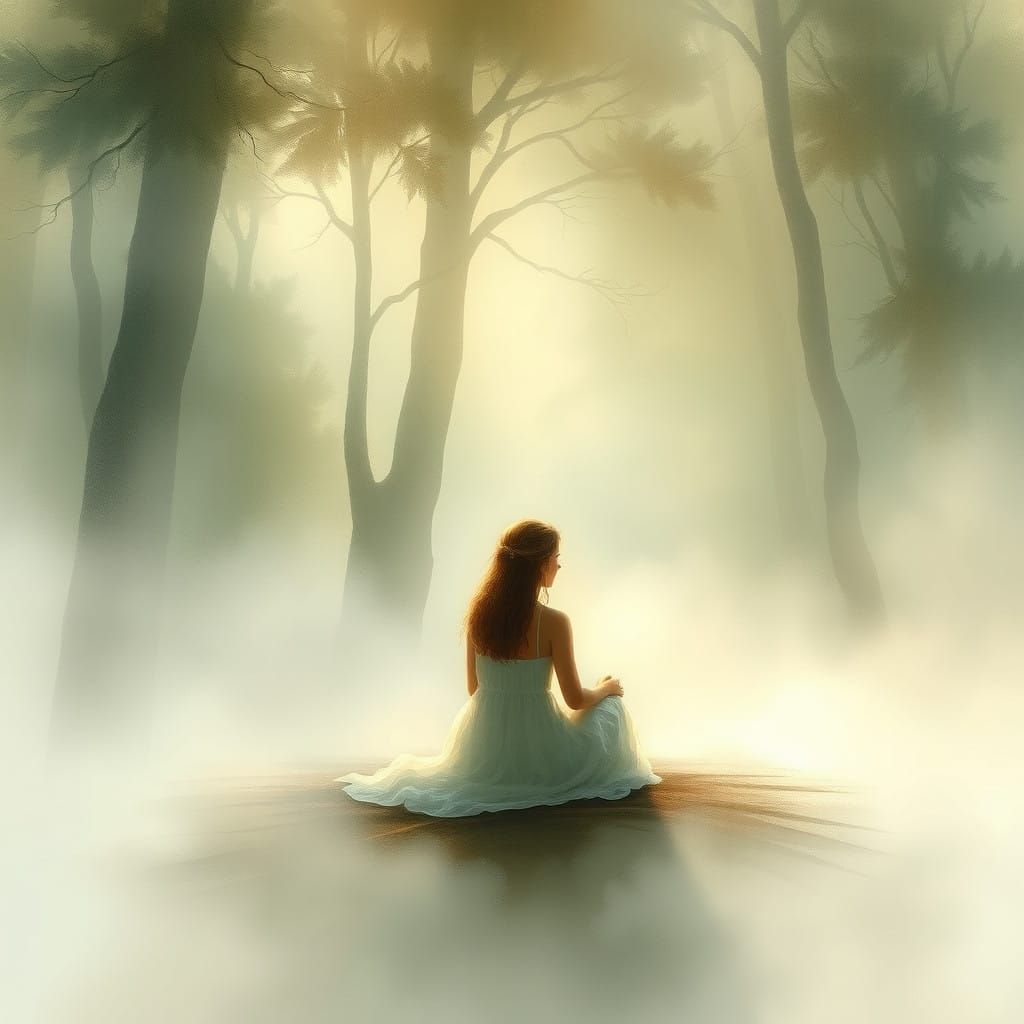 Serene Figure in Soothing Misty Landscape