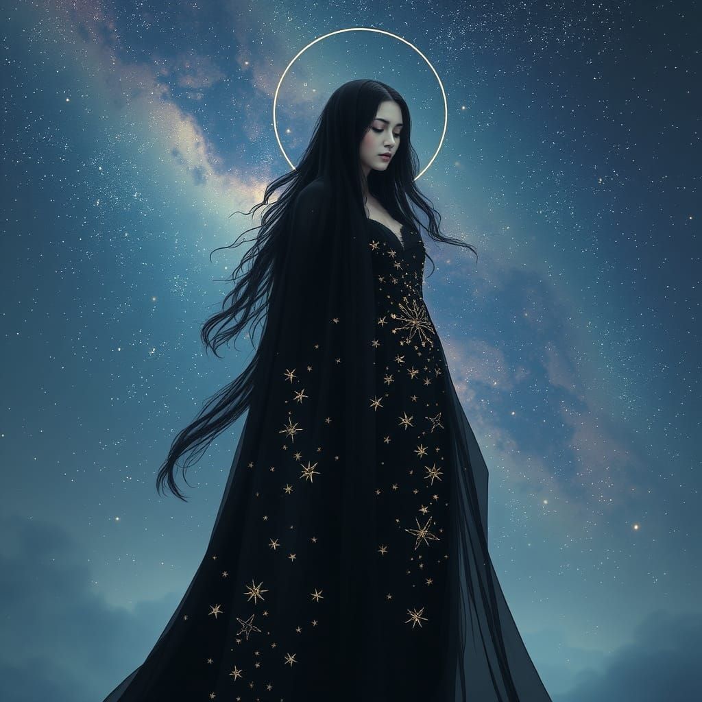 Celestial Goddess of Dreams in Mystical Black Gown