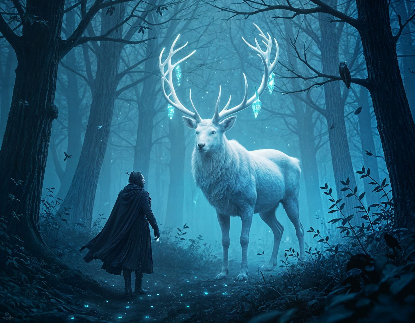 Enchanted White Deer in Dark Fantasy Forest