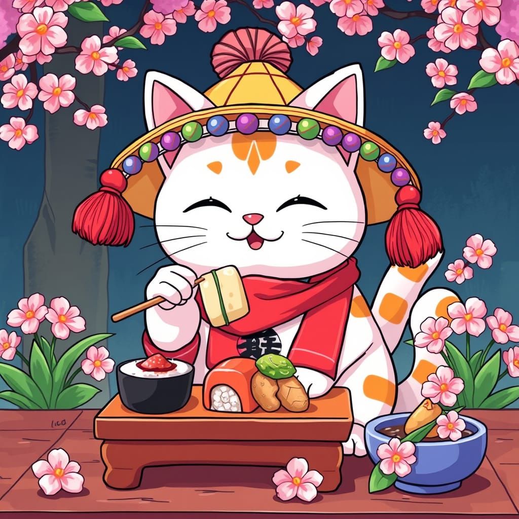 Vibrant Maneki Neko Enjoying Sushi in a Festive Setting