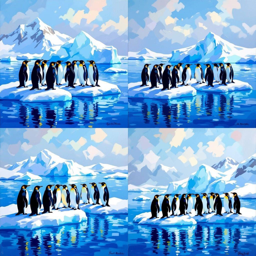 Penguins on Icebergs in Impressionist Style