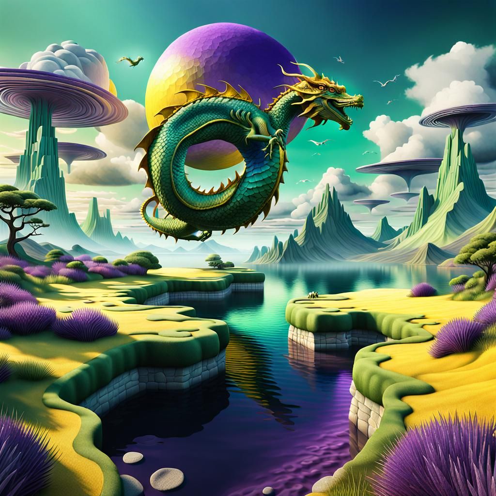 Endless Magical Land with Flying Water Dragon