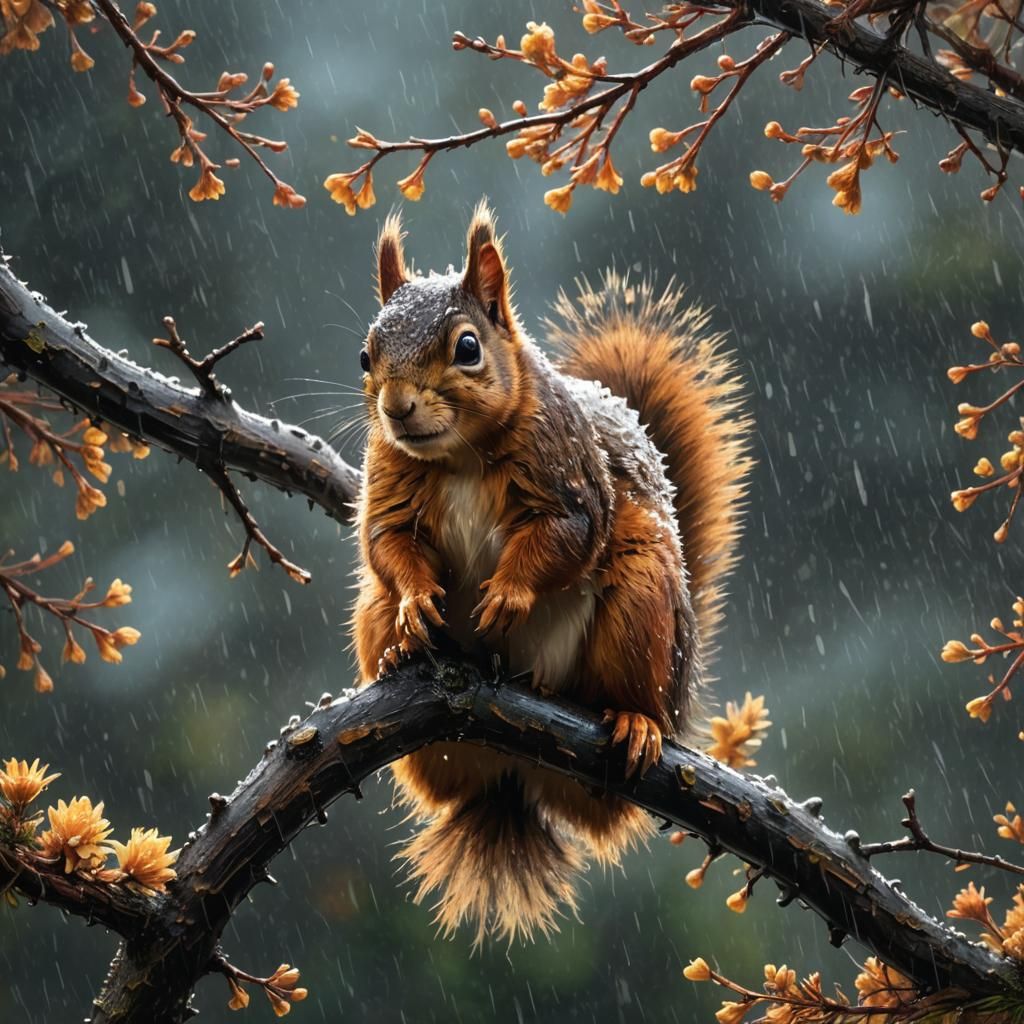 Squirrel in Rainy Garden: Cinematic Masterpiece