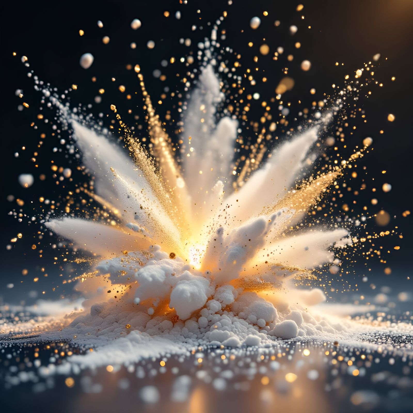 Exploding White and Gold Powder in Dramatic Close-Up