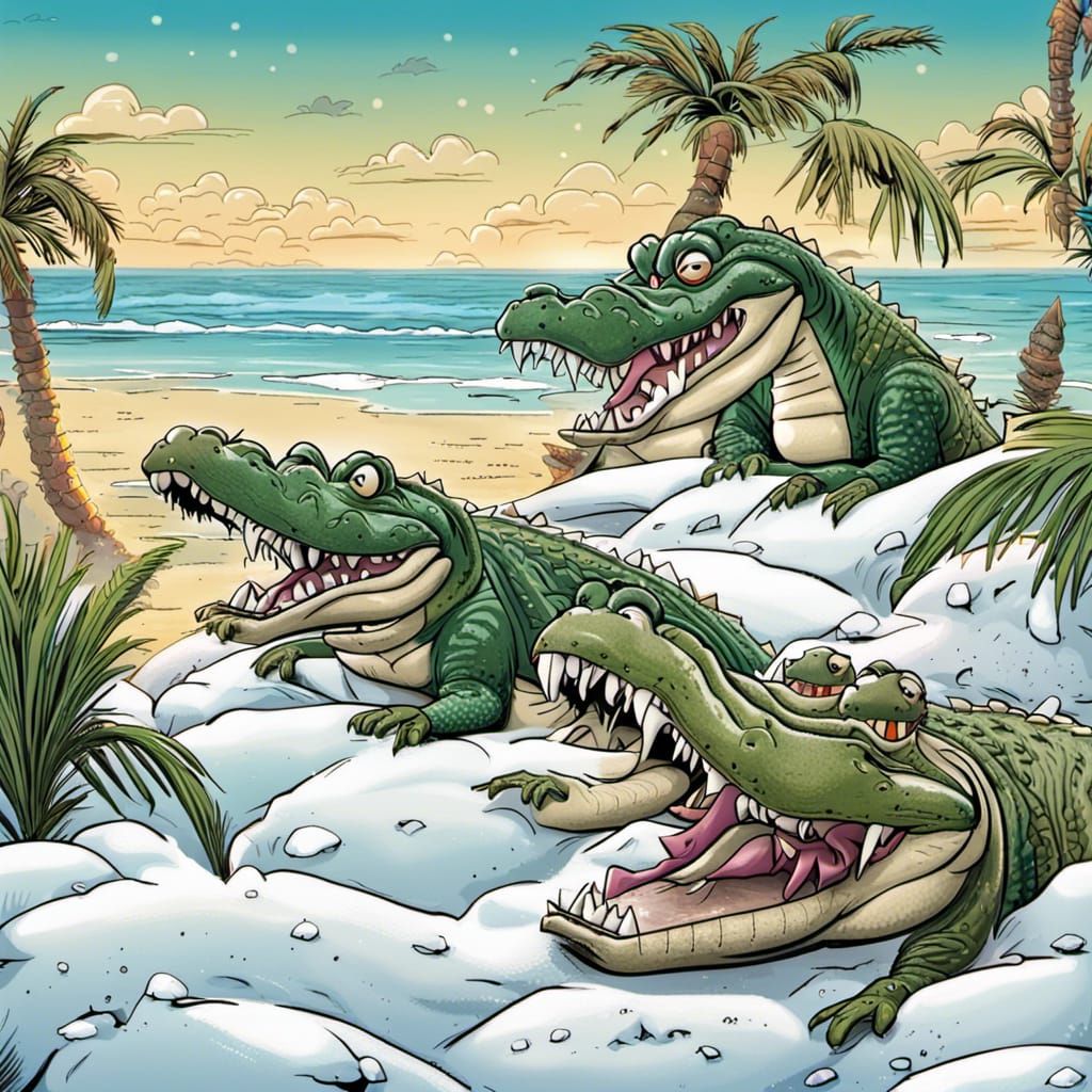 Frozen Alligators on Icy Beach: Comic Airbrush Art
