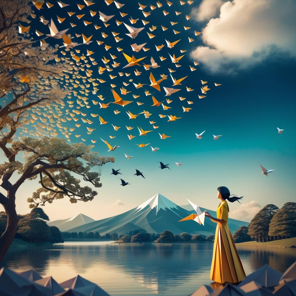 Origami Paper Birds in Flight: Papercraft Art