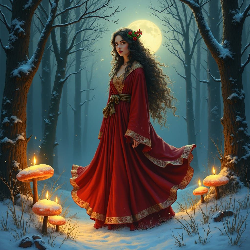 Enchanted Christmas Witch in Whimsical Woodland Scene