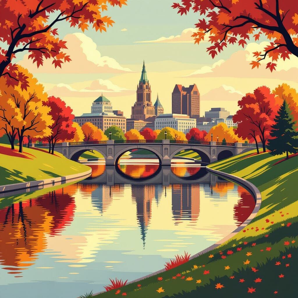 Columbus Ohio Autumn River Skyline in Graphic Art Style