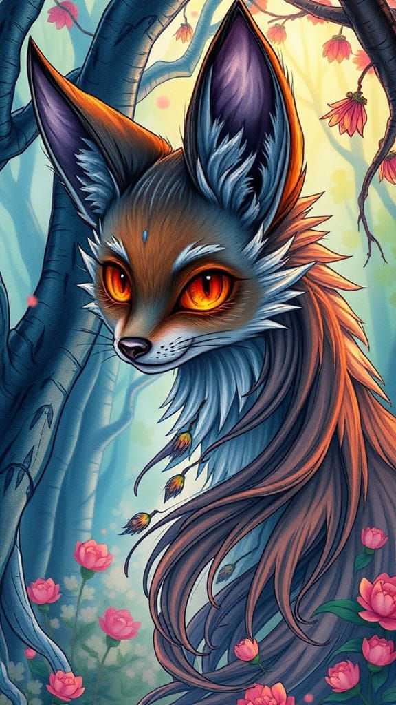 Whimsical Yokai Portrait in Vibrant Forest Landscape