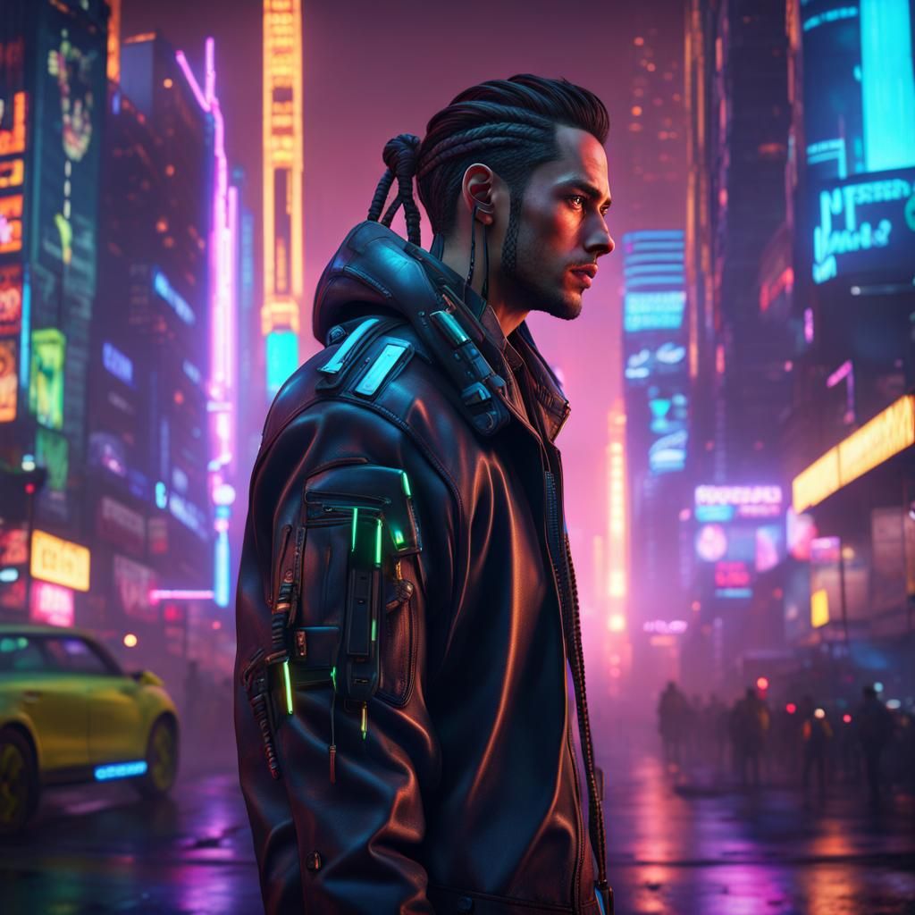 Cyberpunk Cityscape with Neon and Cyberware, Digital Art