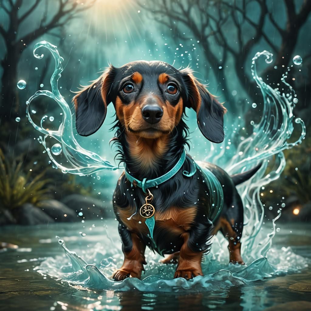 Dachshund Water Mage in a Dreamlike Fantasy Illustration