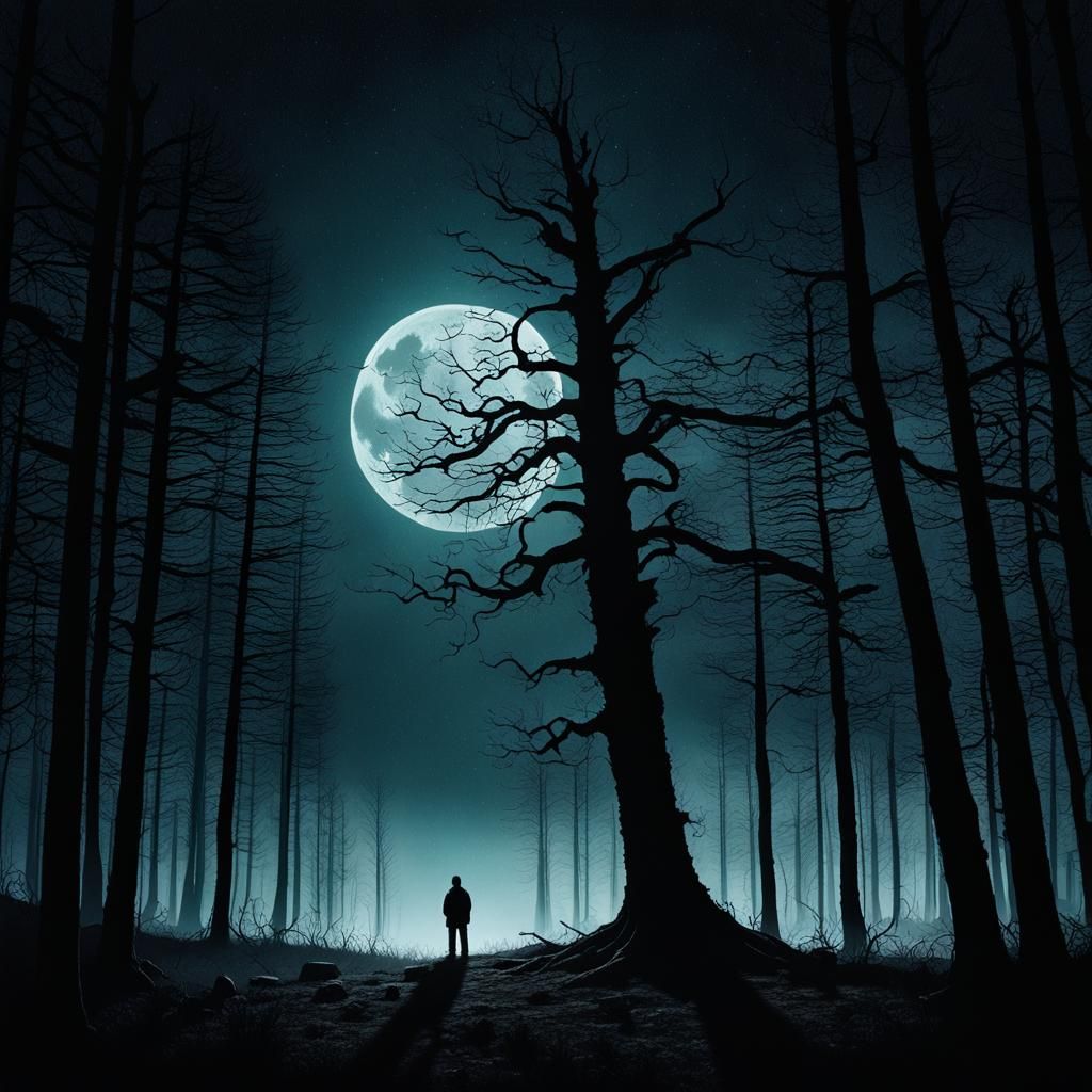 Eerie Silhouette in Dark Forest: A Haunting Landscape