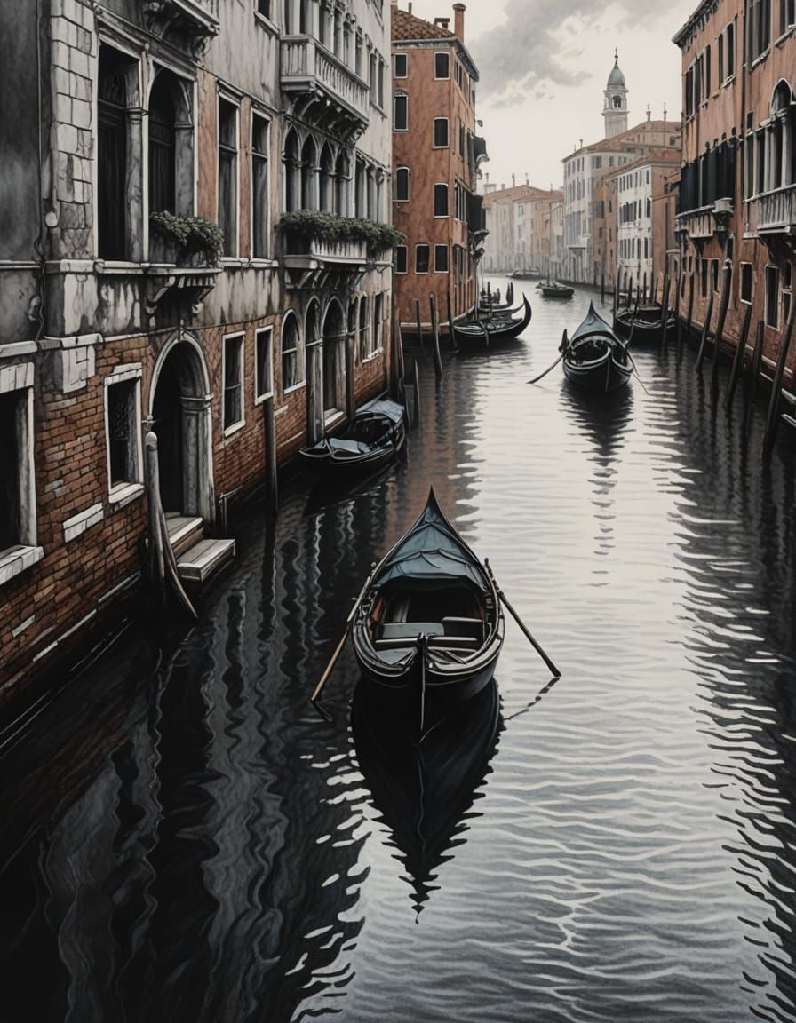 Moody Venice Charcoal Drawing with Dramatic Sky