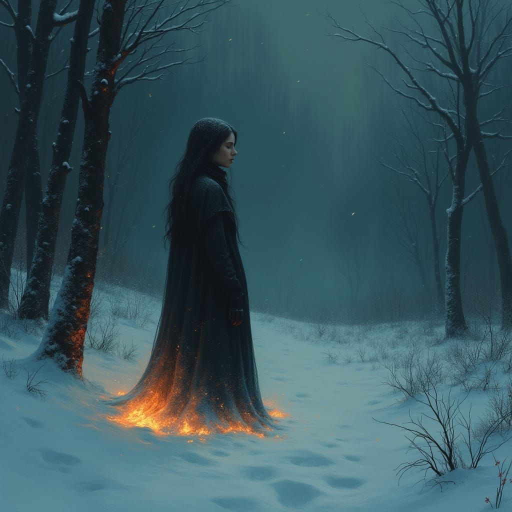 Woman in Dark Winter Landscape with Hopeful Life