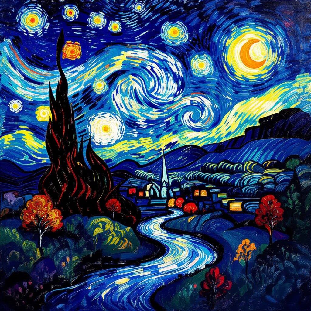 Starry Night Explosion Landscape with Mountains and River