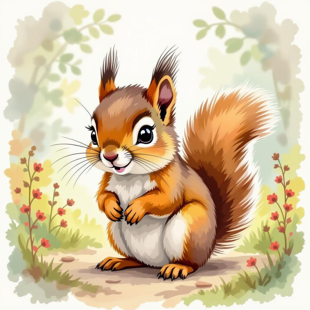 Playful Baby Squirrel in Whimsical Folk Art Style