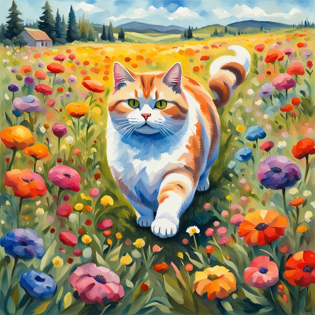 Fat Cat in Vibrant Floral Meadow: Gouache Impressionism