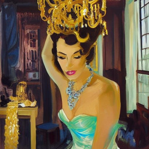 Opulent Woman Coveting Wealth, Expressive Modern Art