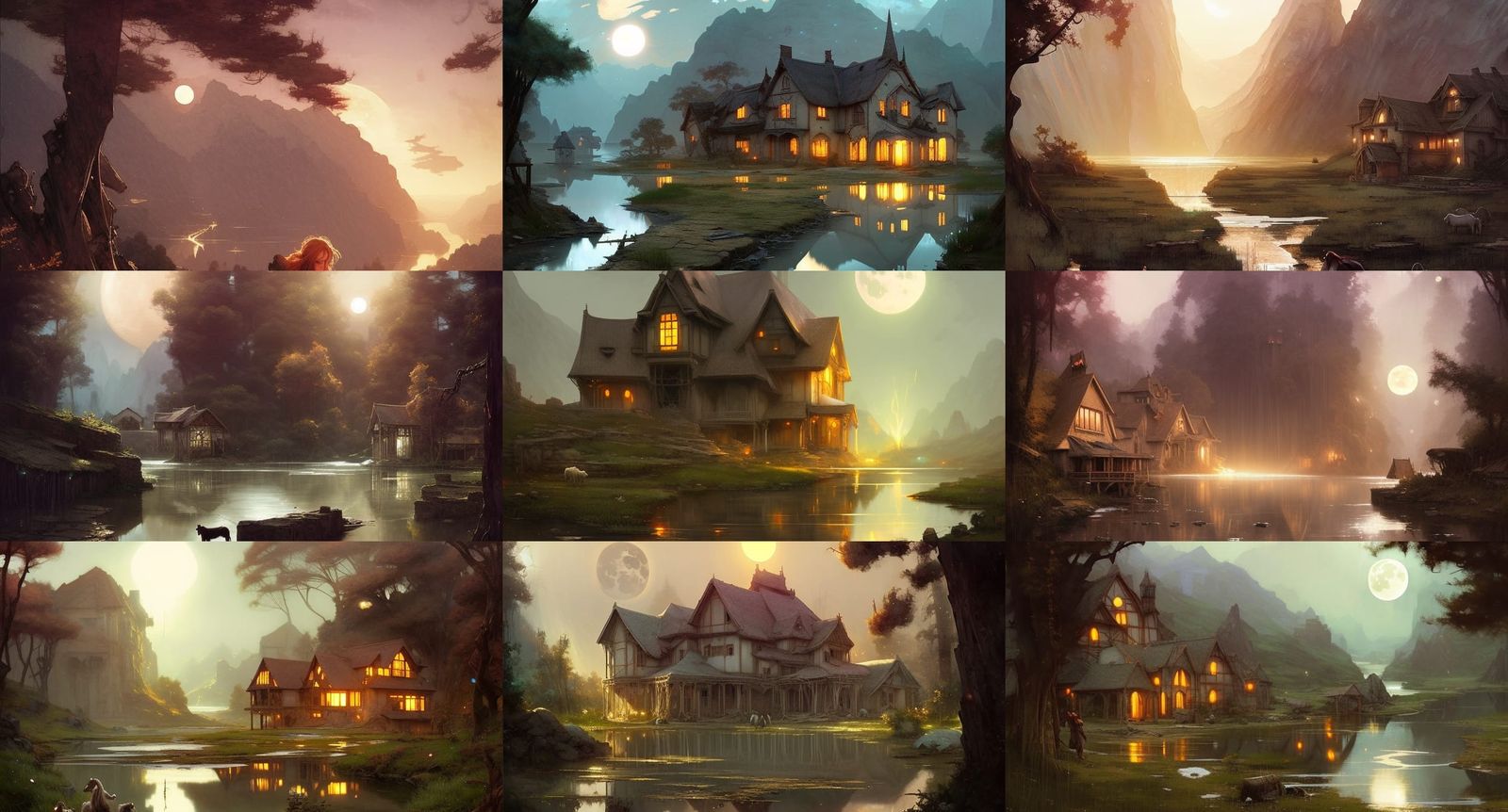 Moonlit Farmhouse with Horse Monsters, Digital Illustration