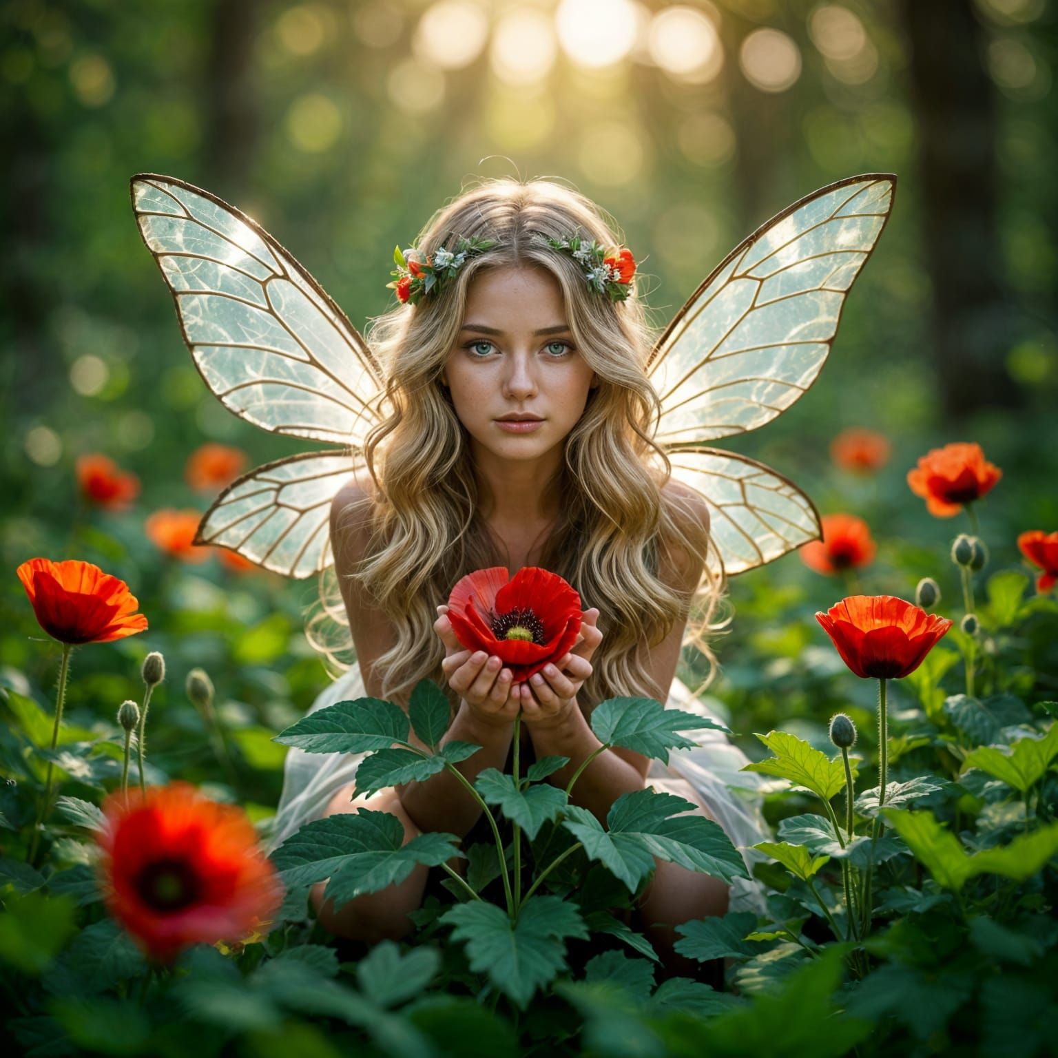 Hyper-Realistic Forest Nymph in Poppy Field
